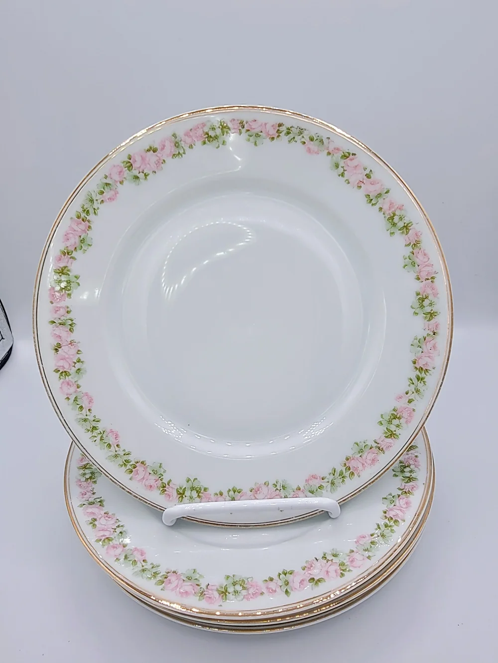 Bavaria Germany Salad Plates Set 4 Pink Rose Garland Gold Trim Vintage
